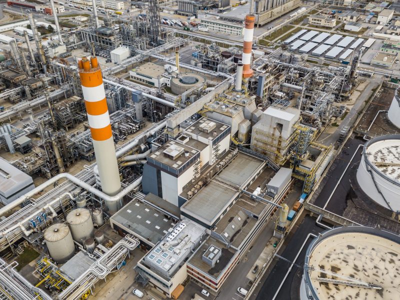 Aerial drone view of huge oil refinery